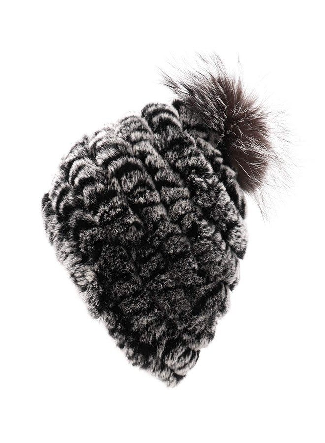 surell - Rex Rabbit Fur Textile Knit Beanie with Fox Fur Pom - Thick Fuzzy Ski Style Hat - Warm Winter Fashion - Fashionable Cold Weather Accessories Gift - (Black Frost, Blue Frost) - Image 2